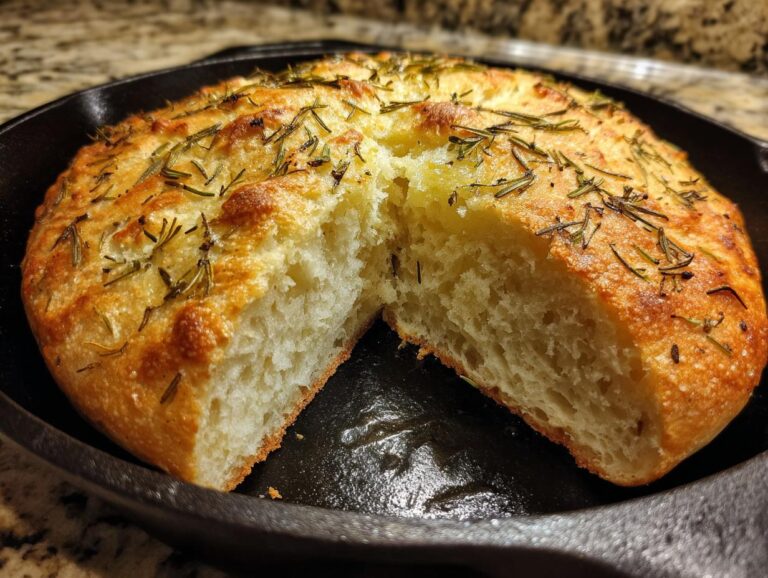 A golden-brown whole wheat rosemary bread loaf, sliced in half, resting in a cast iron skillet.