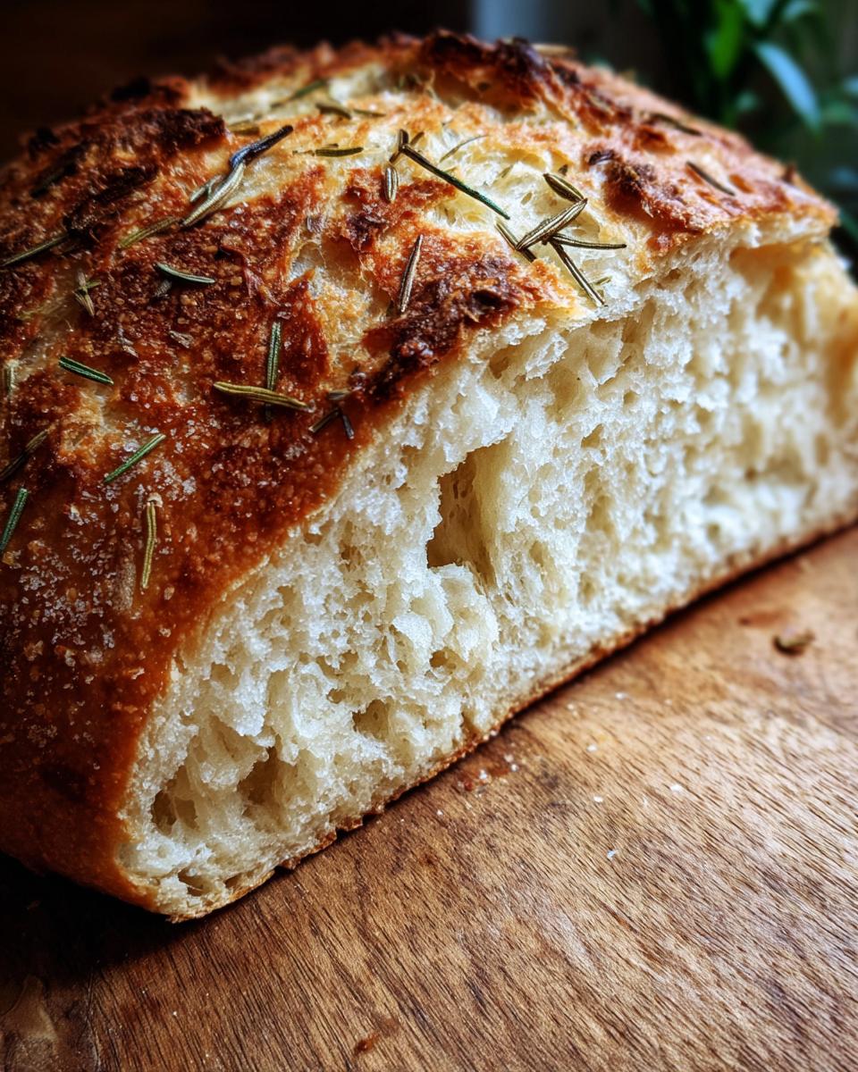 Close-up of a slice of freshly baked whole wheat rosemary bread with a golden crust and airy crumb.