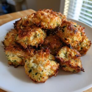 A pile of golden-brown, crispy zucchini garlic bites on a white plate, showcasing their texture.