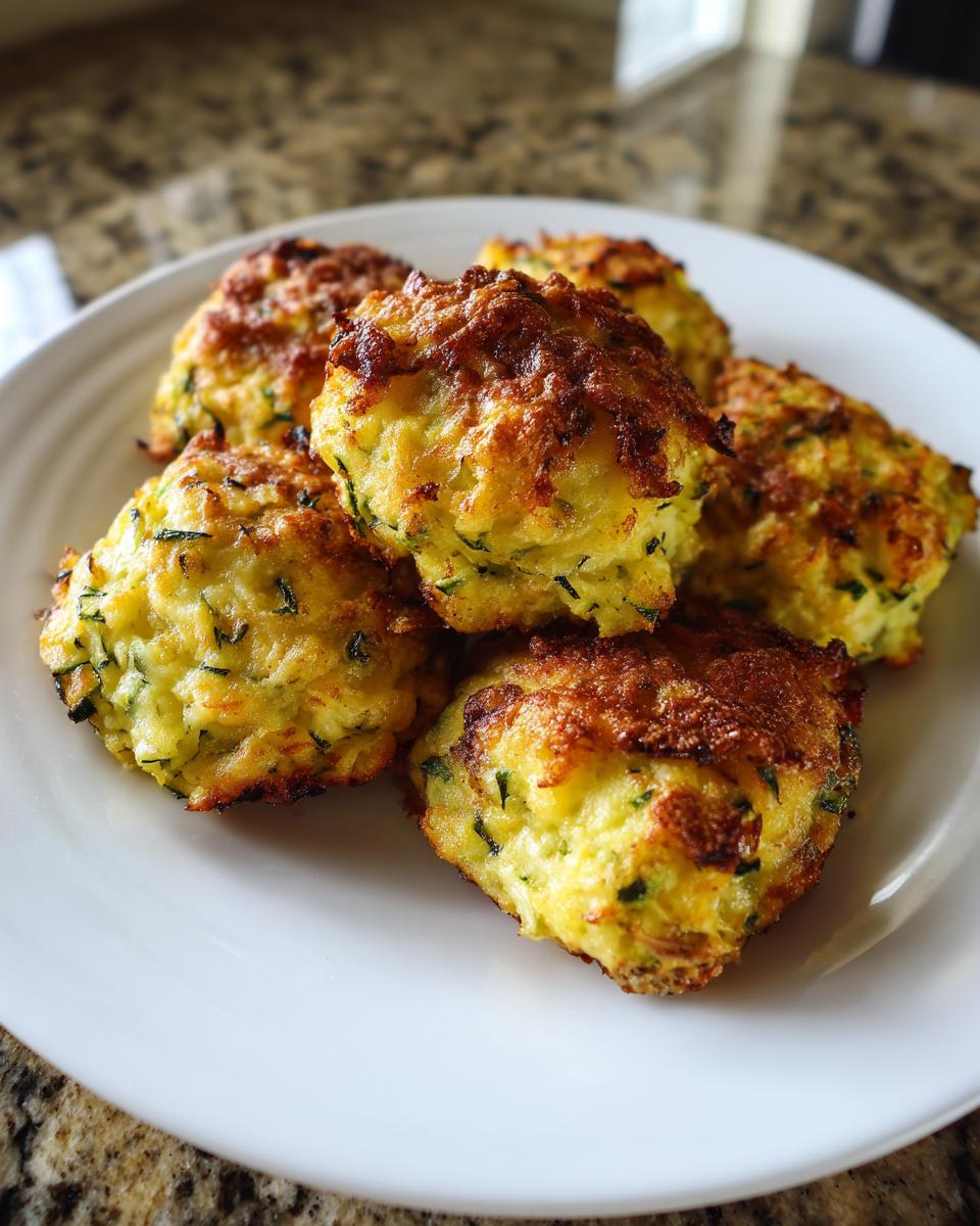 A close-up of golden-brown zucchini garlic bites piled on a white plate, showcasing their crispy texture.