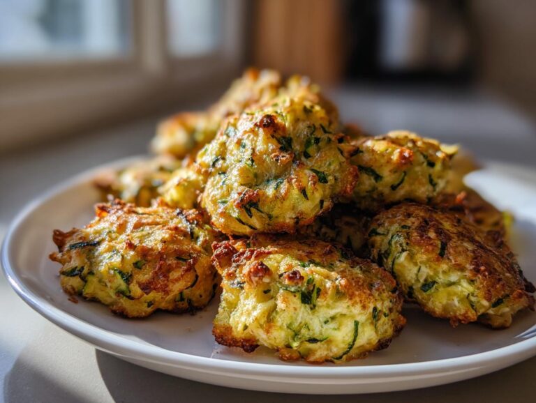 A close-up shot of golden-brown, crispy zucchini garlic bites piled on a white plate.