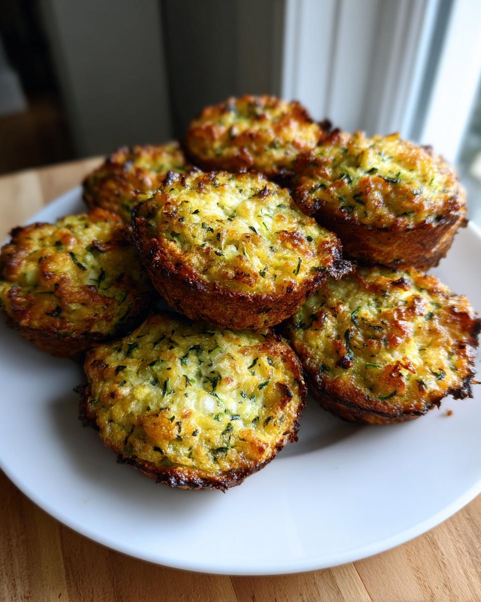 A pile of golden-brown zucchini garlic bites on a white plate, showcasing their crispy edges and green flecks of zucchini.