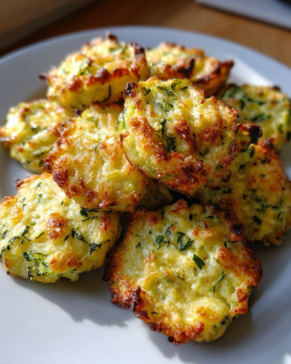 A close-up of golden-brown zucchini garlic bites piled on a white plate, sprinkled with fresh herbs.