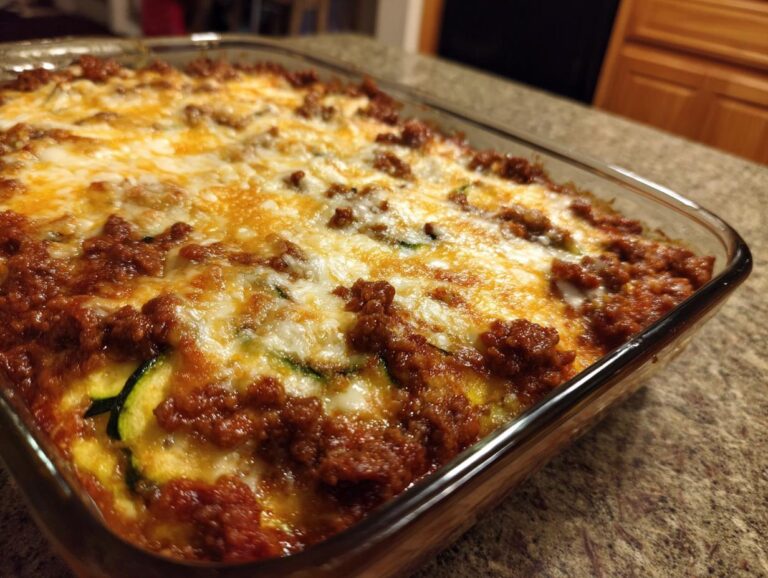 A close-up view of a freshly baked zucchini lasagna in a glass baking dish, topped with melted cheese and meat sauce.