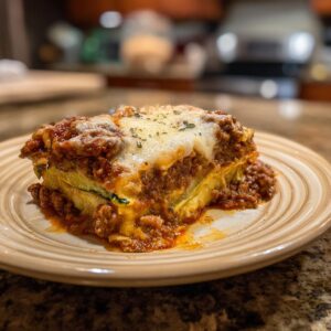 A slice of zucchini lasagna with rich meat sauce and melted cheese on a plate.