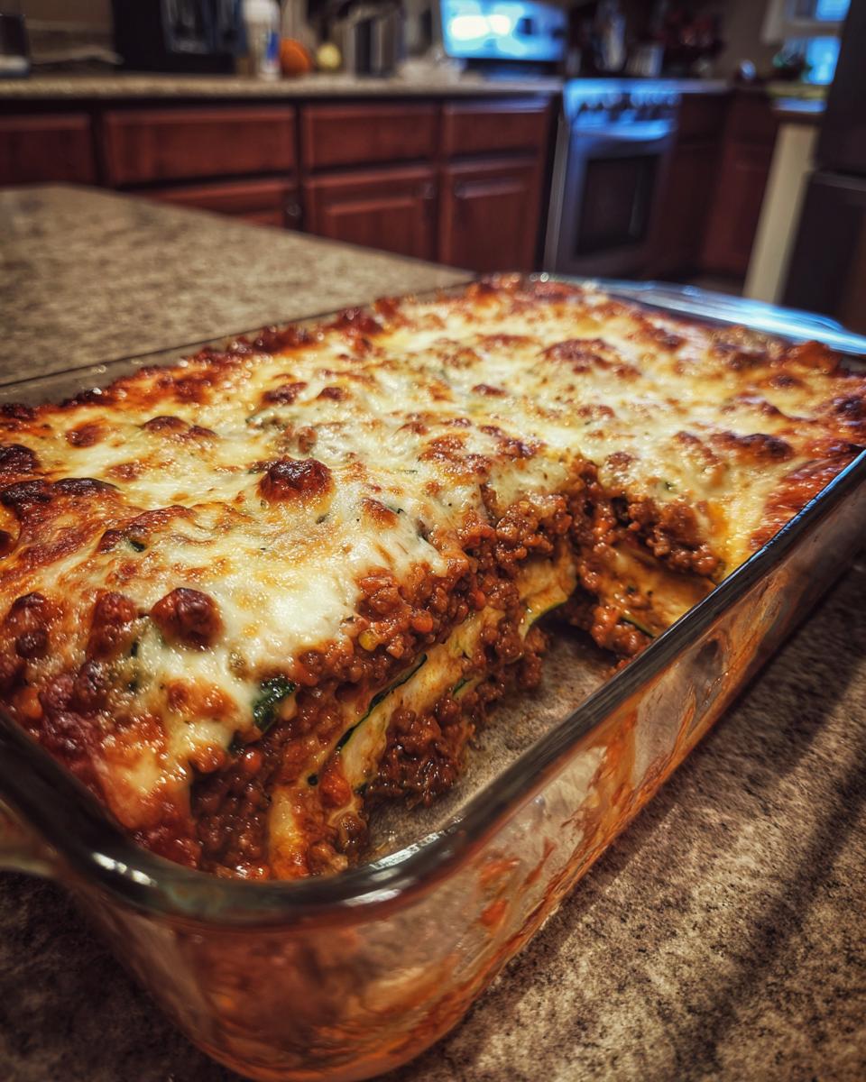 A close-up of a pan of freshly baked zucchini lasagna with a golden-brown cheese topping and a slice removed.