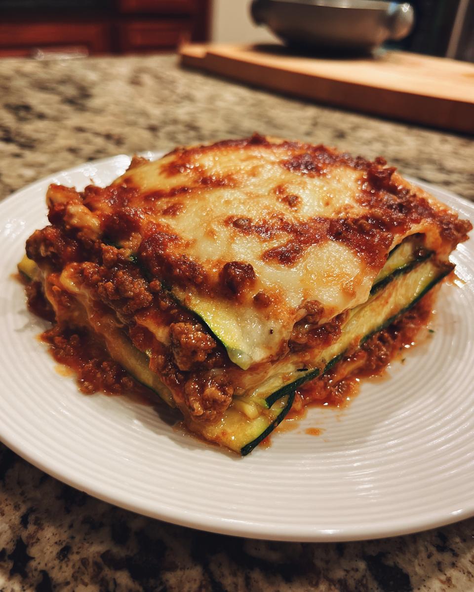 A close-up of a hearty slice of zucchini lasagna, featuring layers of zucchini noodles, rich meat sauce, and melted cheese.