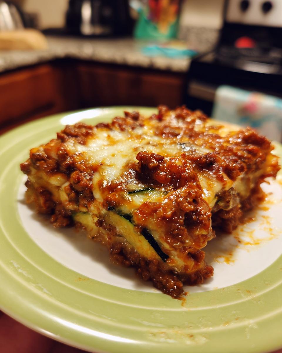 A close-up of a delicious slice of zucchini lasagna, featuring layers of zucchini, meat sauce, and melted cheese.