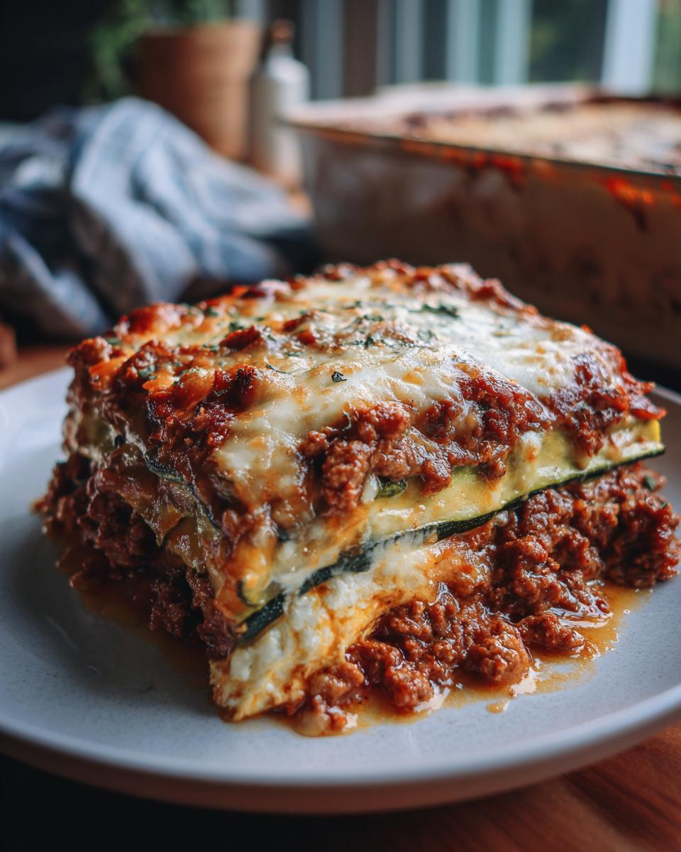 A hearty slice of zucchini lasagna with layers of meat sauce and melted cheese, served on a white plate.