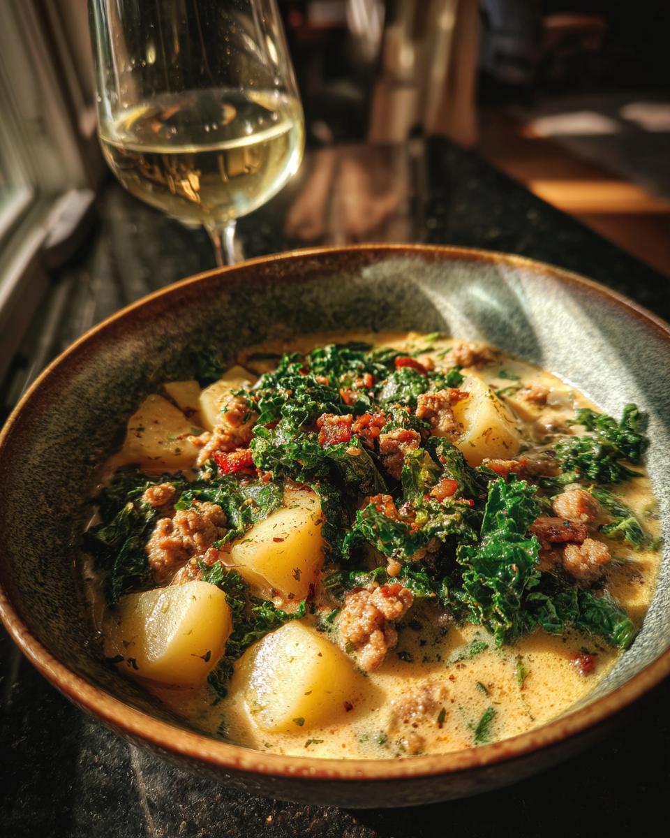 A close-up of a bowl of Zuppa Toscana, featuring chunks of potato, crumbled sausage, and kale in a creamy broth.