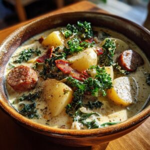 A close-up of a rustic bowl filled with Zuppa Toscana, featuring chunks of potato, sausage slices, crispy bacon, and kale in a creamy broth.