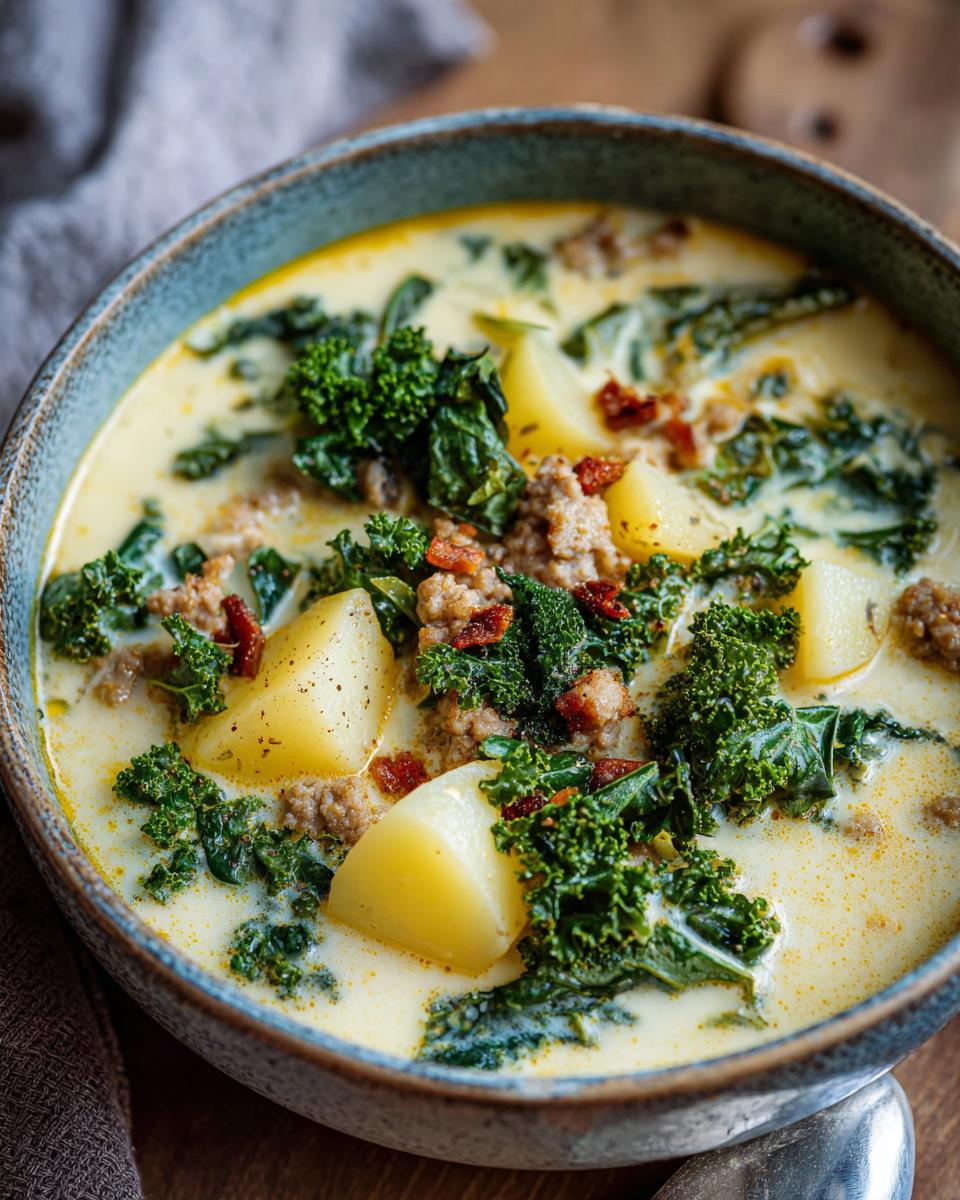 A close-up of a bowl of Zuppa Toscana, featuring chunks of potato, crumbled sausage, and fresh kale in a creamy broth.