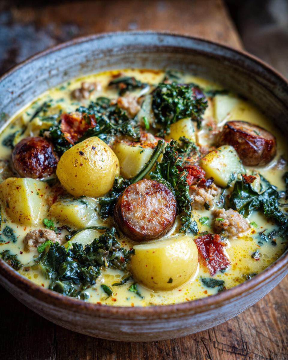 A close-up of a rustic bowl filled with Zuppa Toscana, featuring potatoes, sausage slices, and kale in a creamy broth.