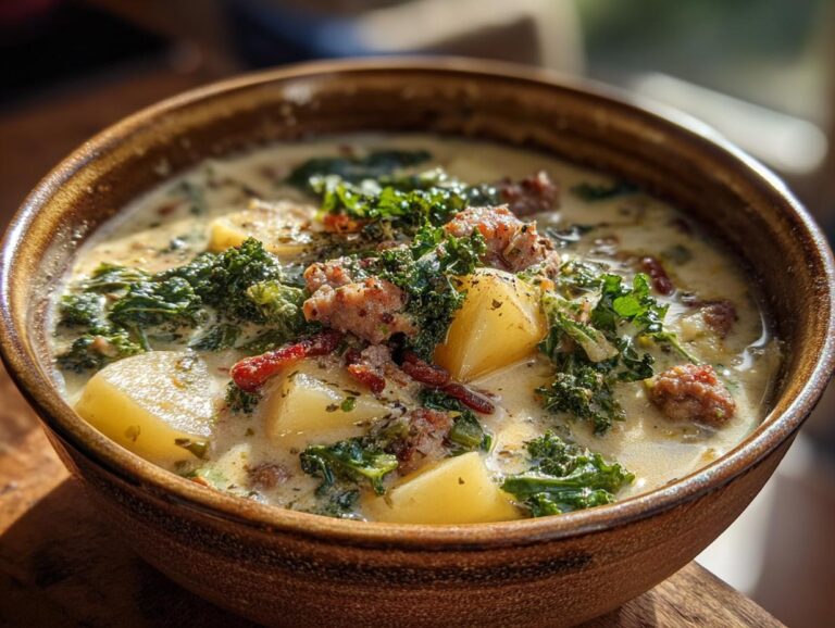 A close-up of a rustic brown bowl filled with creamy Zuppa Toscana, featuring chunks of potato, sausage, and kale.
