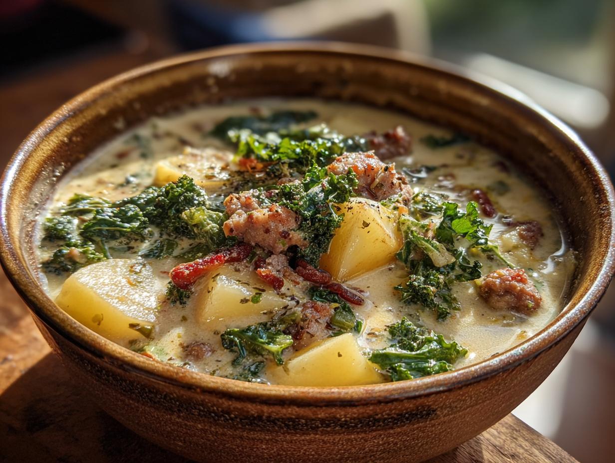 A close-up of a rustic brown bowl filled with creamy Zuppa Toscana, featuring chunks of potato, sausage, and kale.