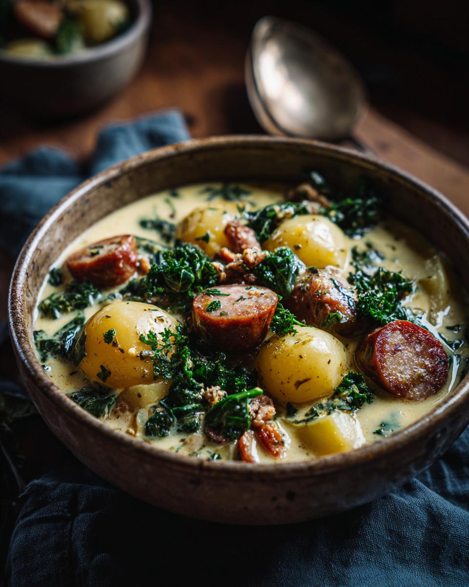 A close-up of a rustic bowl filled with Zuppa Toscana, featuring sausage slices, potatoes, and kale in a creamy broth.