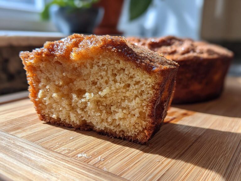 A close-up of a slice of apple cider donut cake, showing its tender crumb and cinnamon-sugar topping.
