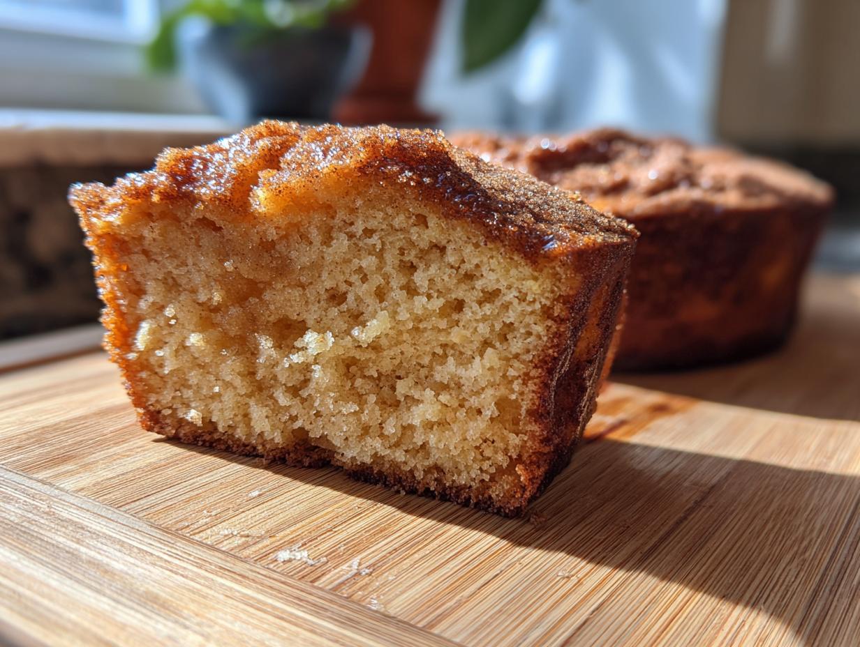 A close-up of a slice of apple cider donut cake, showing its tender crumb and cinnamon-sugar topping.