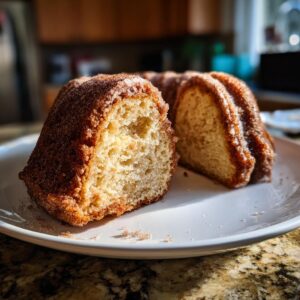 A slice of moist Apple Cider Donut Cake dusted with cinnamon sugar on a white plate.
