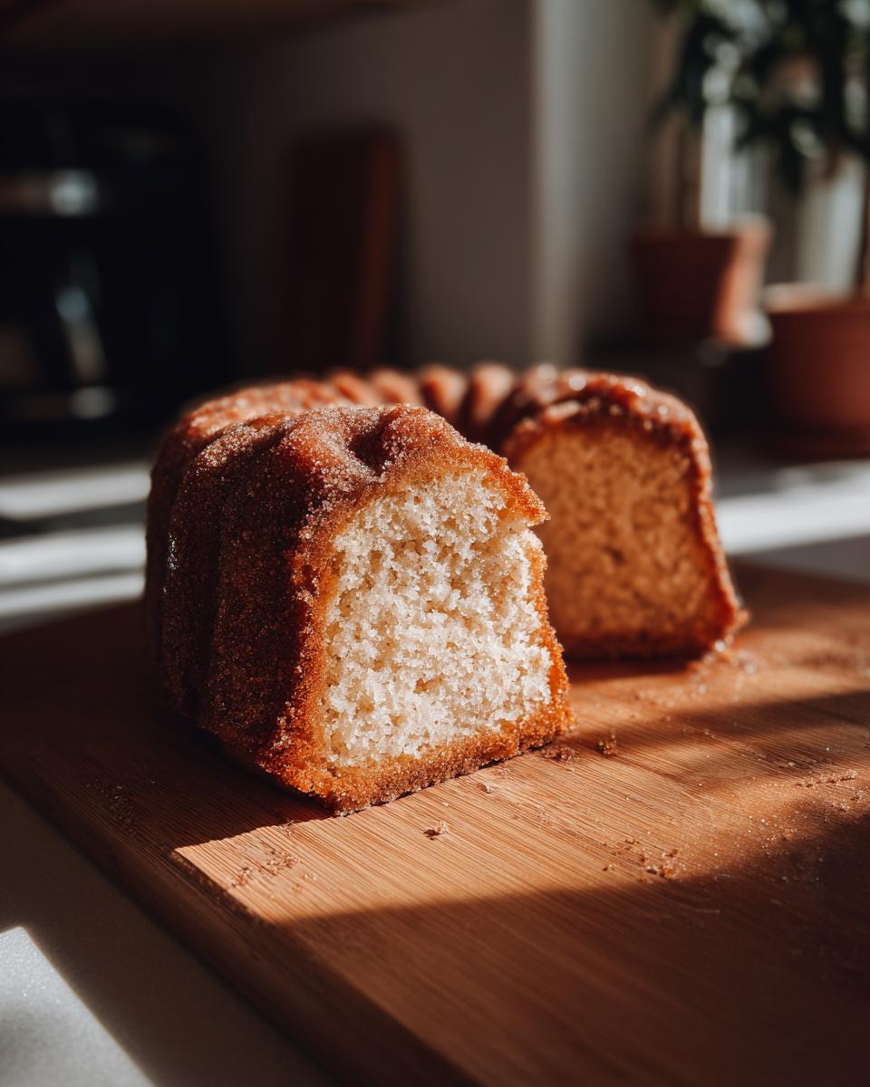A slice of moist Apple Cider Donut Cake coated in cinnamon sugar, resting on a wooden board.