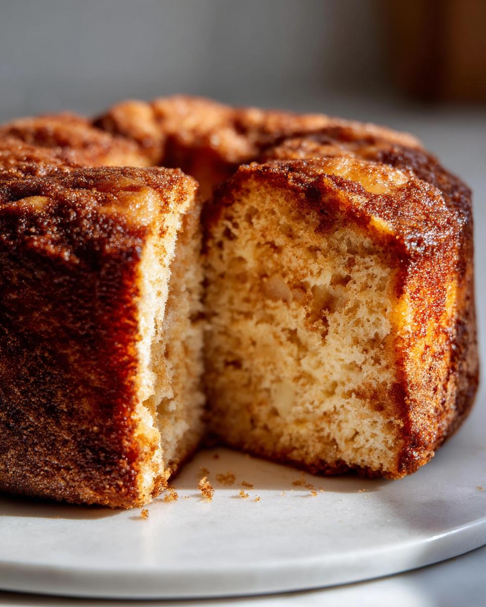 A close-up of a freshly baked Apple Cider Donut Cake, with a slice removed to show the moist interior and cinnamon-sugar coating.