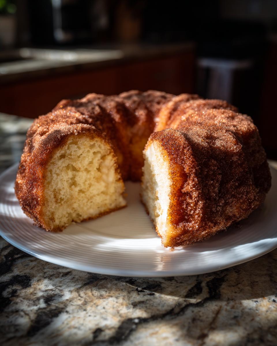 A slice of moist Apple Cider Donut Cake coated in cinnamon sugar, served on a white plate.