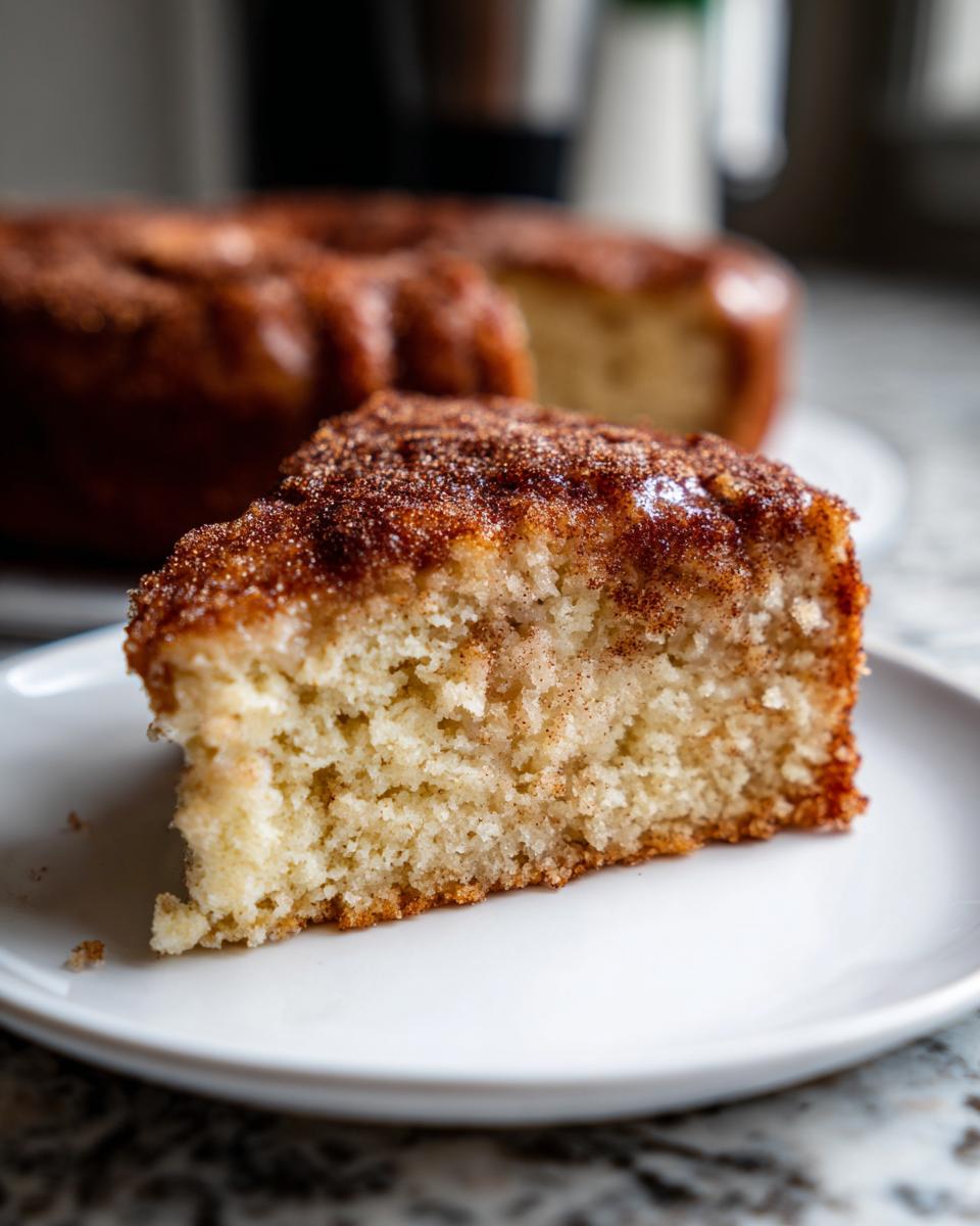 A close-up of a slice of apple cider donut cake, topped with cinnamon sugar.