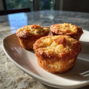 Three golden-brown apple cinnamon Greek yogurt muffins on a white plate, ready to be enjoyed.