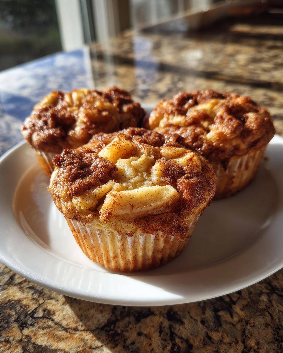 Three freshly baked apple cinnamon Greek yogurt muffins topped with cinnamon sugar on a white plate.