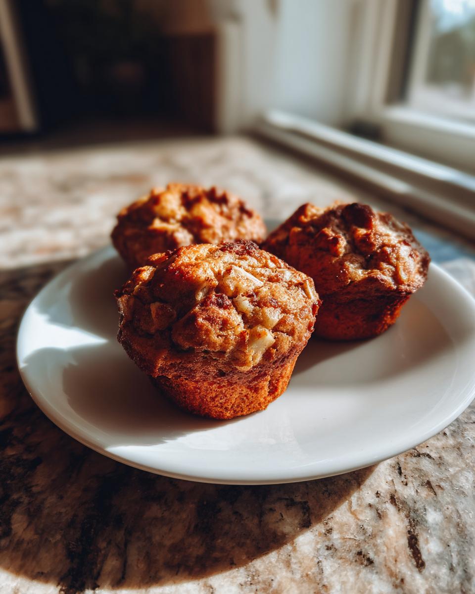 Three golden brown apple cinnamon Greek yogurt muffins on a white plate, bathed in sunlight.