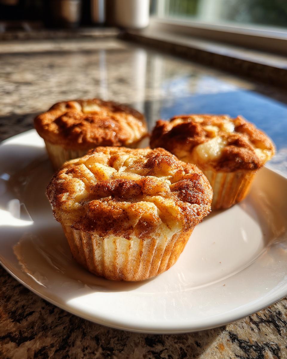 Close-up of three freshly baked apple cinnamon Greek yogurt muffins on a white plate, dusted with cinnamon.