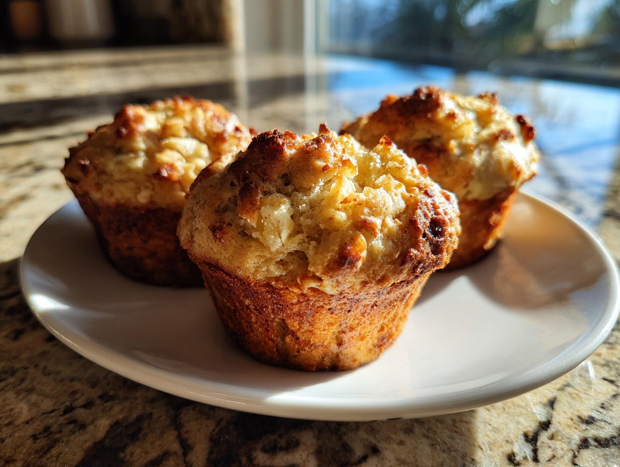Three golden-brown apple cinnamon Greek yogurt muffins on a white plate, with a focus on the textured tops.