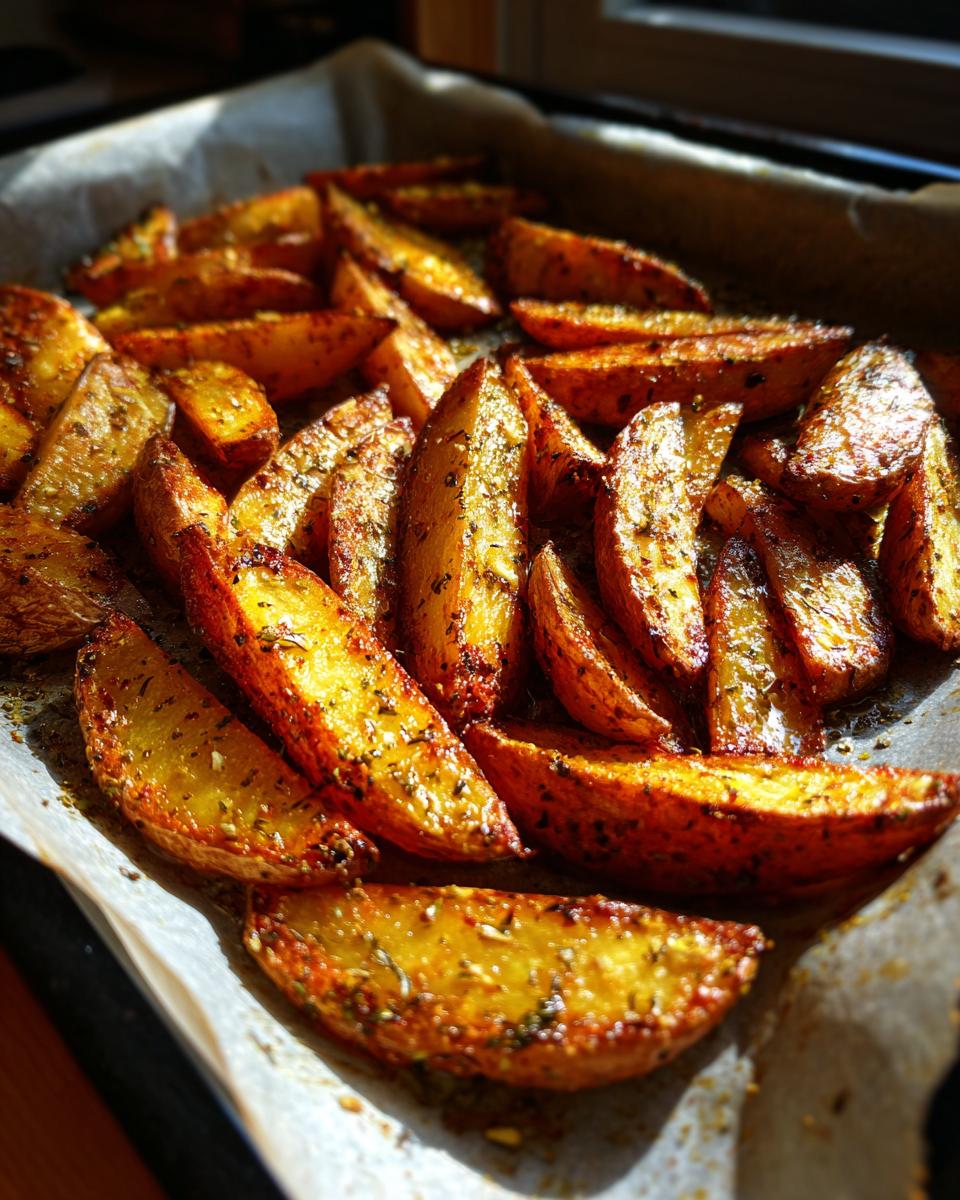 Close-up of golden-brown, oven-baked authentic Greek potatoes seasoned with herbs on a parchment-lined baking sheet.