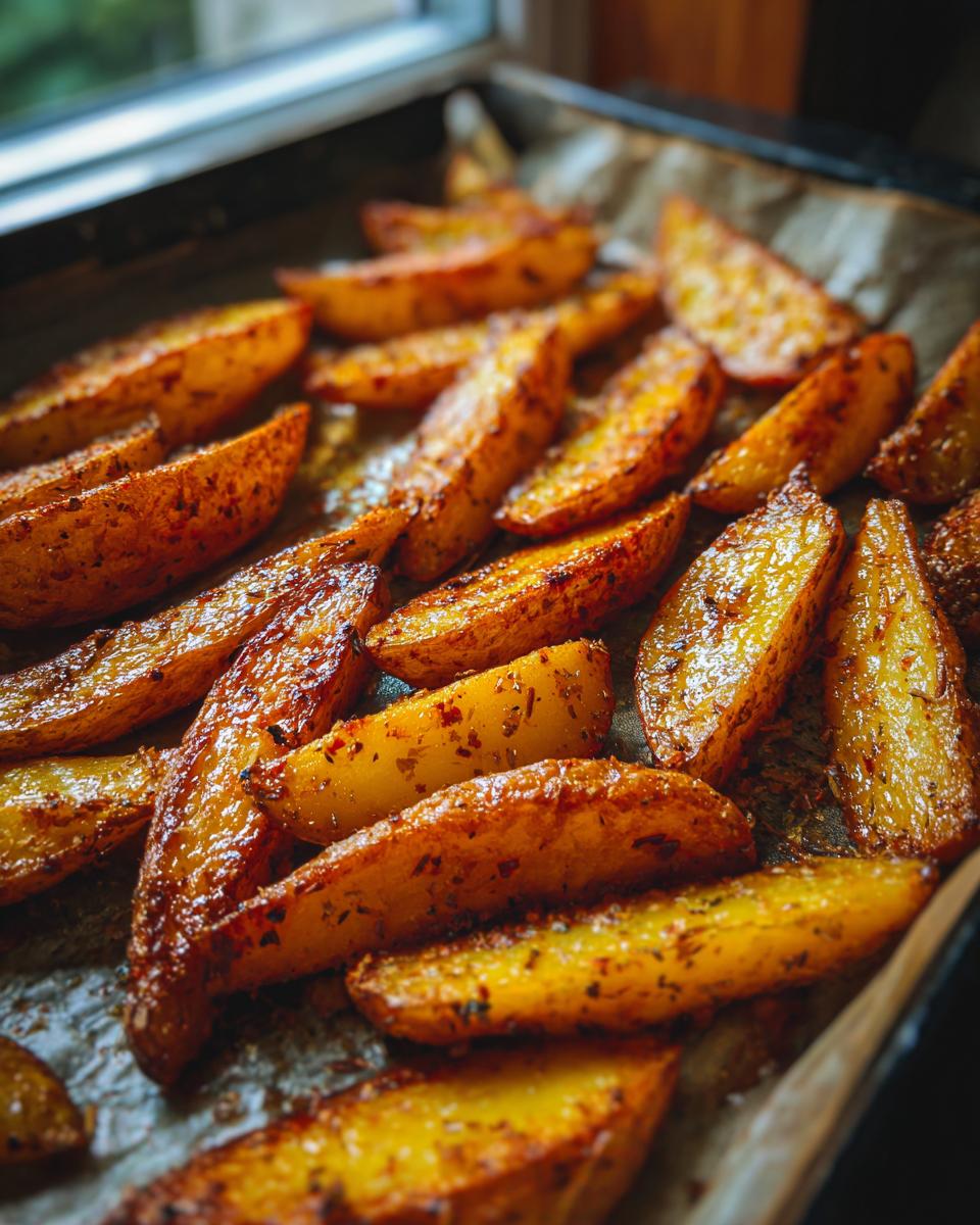 Close-up of golden-brown authentic Greek potatoes, seasoned with herbs, on a baking sheet.
