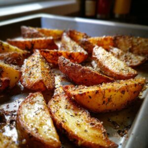 Close-up of freshly baked authentic Greek potatoes seasoned with herbs on a baking sheet.