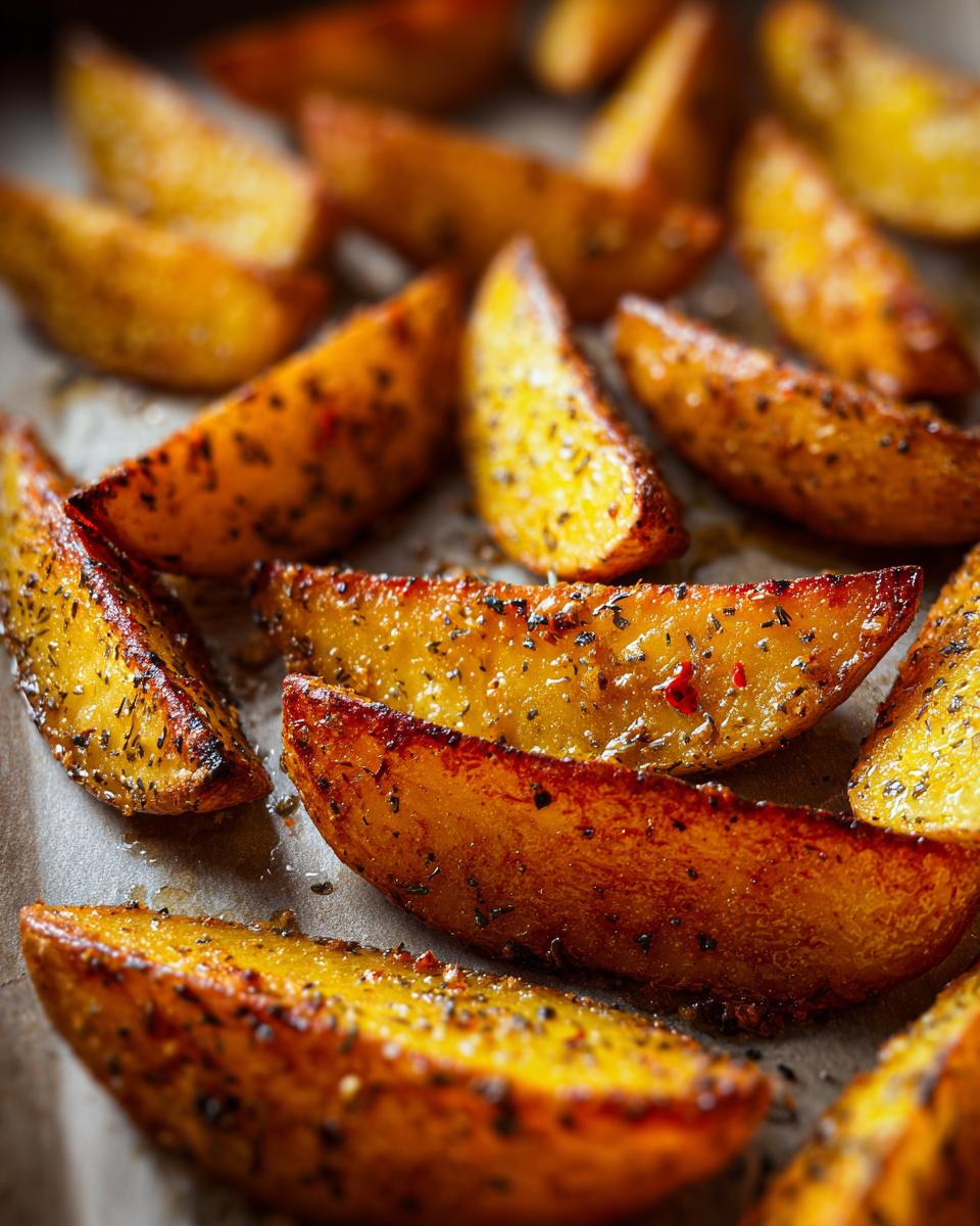 Close-up of perfectly roasted authentic Greek potatoes, seasoned with herbs and spices, on a baking sheet.