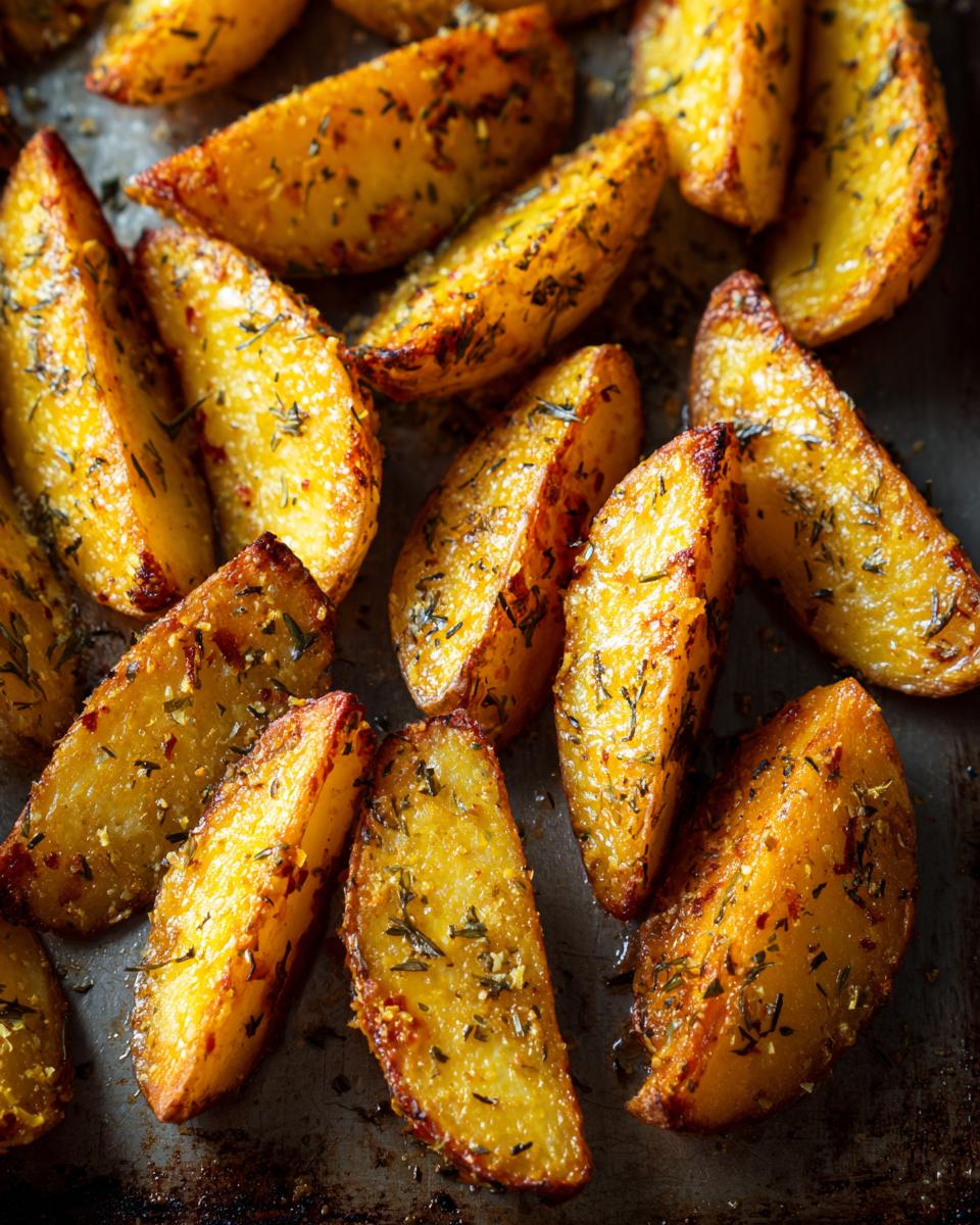 Close-up of perfectly roasted authentic Greek potatoes, seasoned with herbs and spices, on a baking sheet.