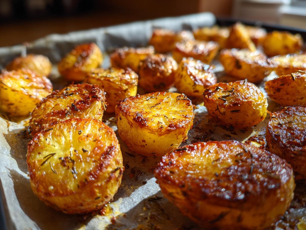 Close-up of perfectly roasted authentic Greek potatoes, golden brown and seasoned with herbs, on a baking sheet.