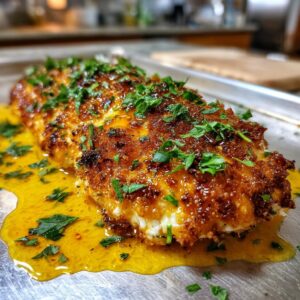 Close-up of baked chicken with crispy feta topping, drizzled with zesty vinaigrette and garnished with parsley.