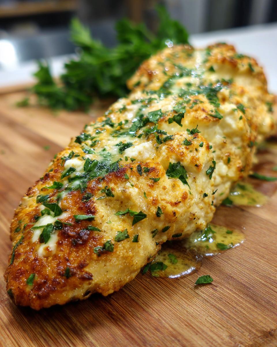 Close-up of baked chicken with crispy feta cheese topping and fresh parsley, drizzled with zesty vinaigrette.