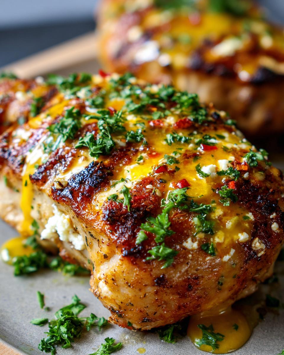 Close-up of baked chicken with crispy feta cheese, drizzled with zesty vinaigrette and sprinkled with fresh parsley.