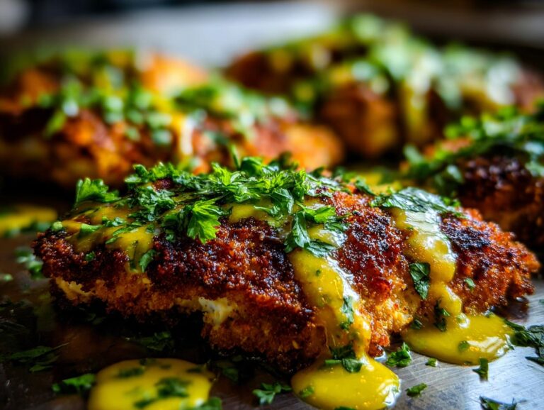 Close-up of baked chicken with crispy feta, drizzled with zesty vinaigrette and garnished with fresh parsley.