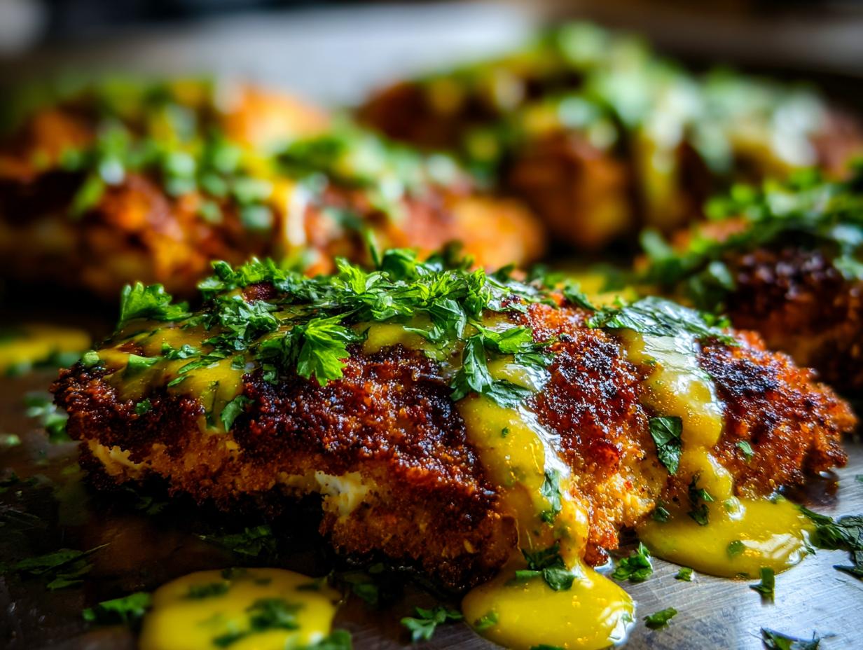 Close-up of baked chicken with crispy feta, drizzled with zesty vinaigrette and garnished with fresh parsley.