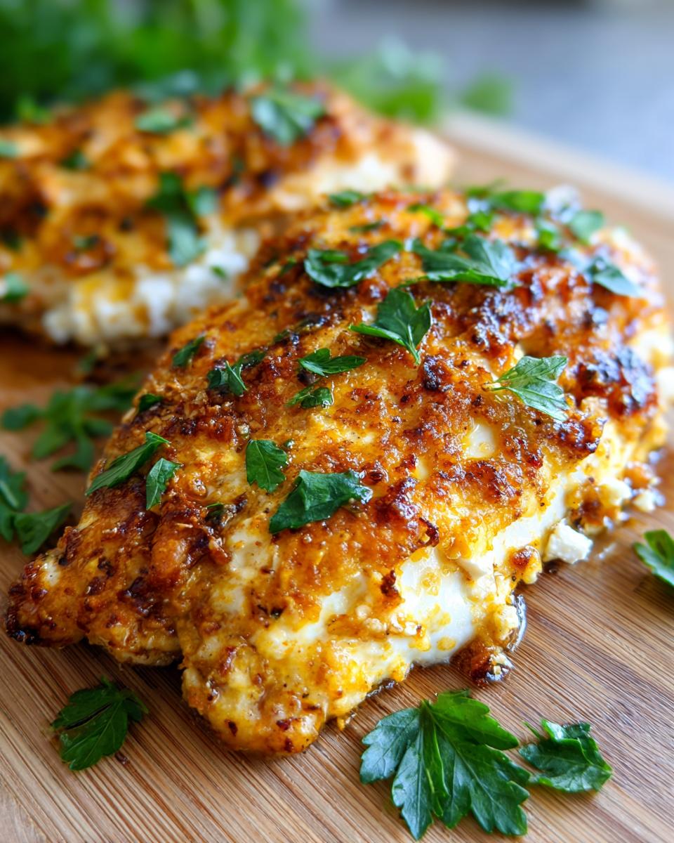 Close-up of baked chicken breasts topped with crispy feta cheese and fresh parsley, served on a wooden board.