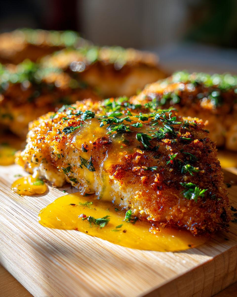 Close-up of baked chicken with crispy feta topping, drizzled with zesty vinaigrette and fresh herbs.