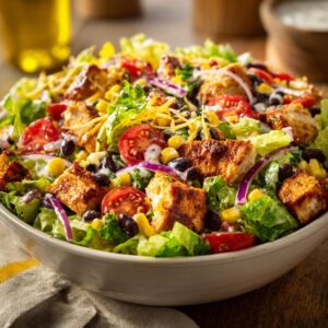 A vibrant BBQ chicken chopped salad in a bowl, featuring grilled chicken, black beans, corn, tomatoes, red onion, and lettuce with dressing.