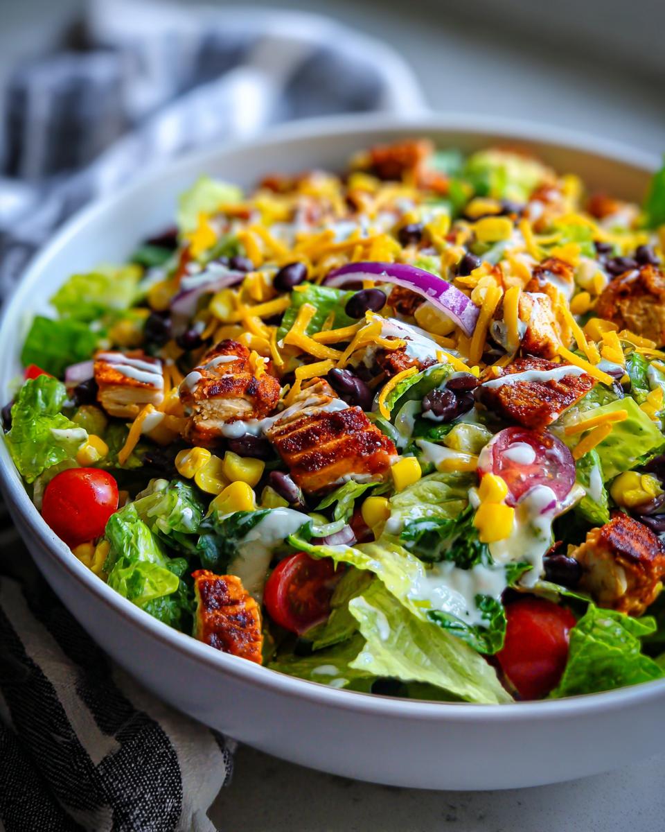 Close-up of a large bowl of BBQ Chicken Chopped Salad with lettuce, corn, beans, cheese, and chicken.