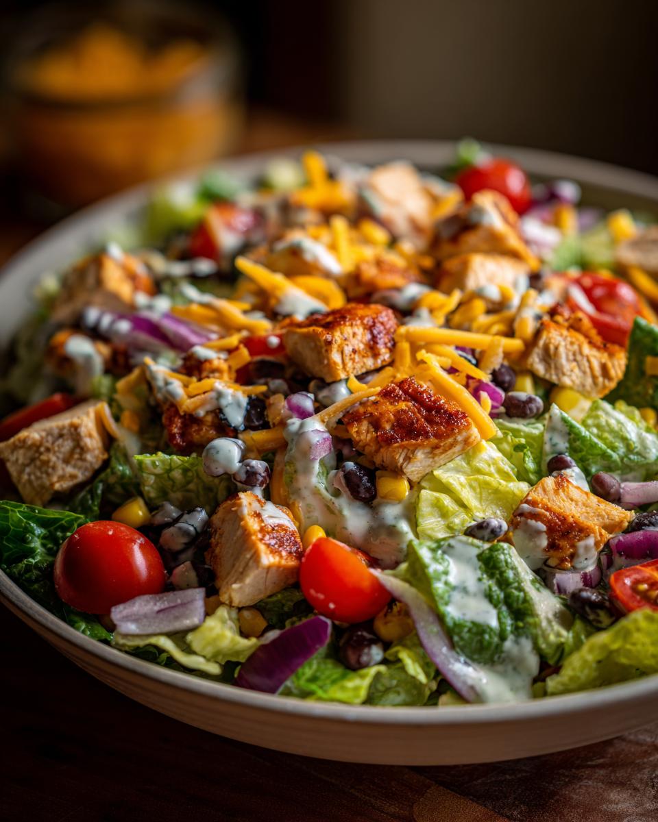 A close-up of a delicious BBQ chicken chopped salad with grilled chicken, black beans, corn, tomatoes, red onion, and shredded cheese.
