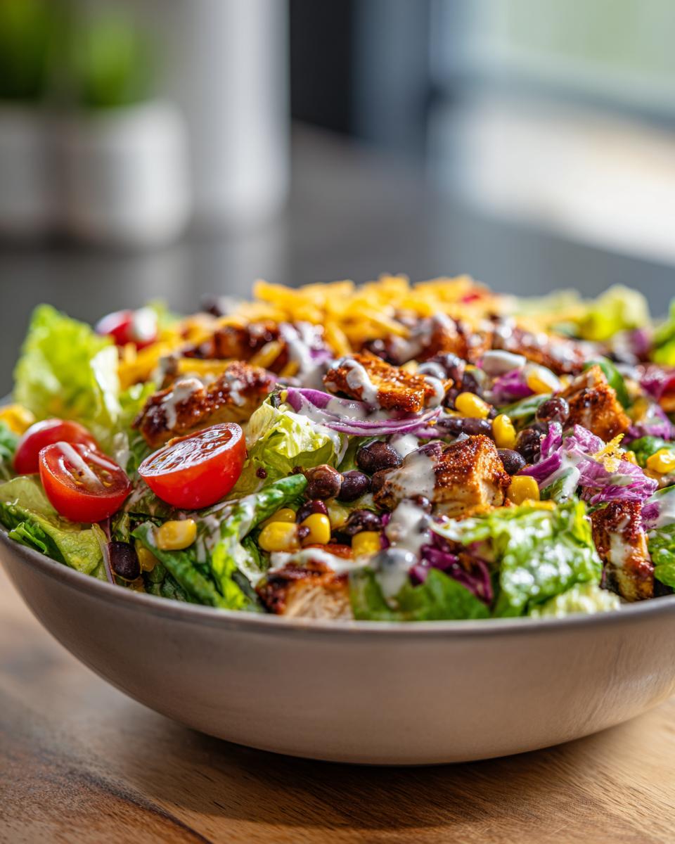 A close-up of a vibrant BBQ Chicken Chopped Salad in a bowl, featuring lettuce, chicken, beans, corn, tomatoes, and cheese.