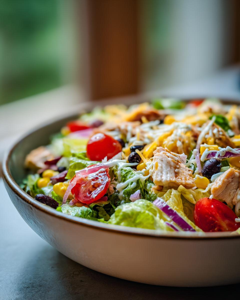 A close-up of a vibrant BBQ chicken chopped salad in a bowl, featuring grilled chicken, lettuce, tomatoes, corn, beans, and cheese.
